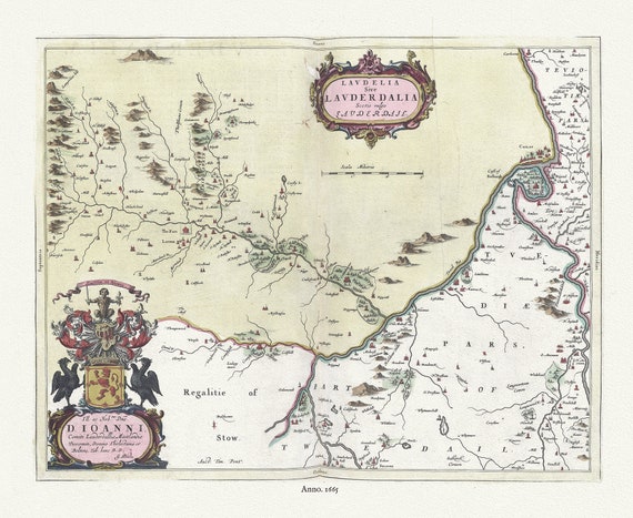 Scotland, Lavdelia Sive Lavderdalia, 1665, Blaeu, auth., map on durable cotton canvas, 50 x 70 cm or 20x25" approx.