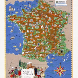 France: Lucien Boucher, France, Crédit Lyonnais, Fonde en 1863, , carte sur toile de coton lourd, 22x27 » environ.