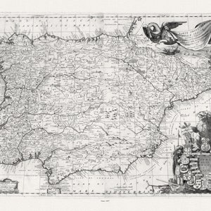 España: Coronelli, Composite Parte orientale della Spagna. Parte occidentale della Spagna, 1697 , mapa sobre lienzo de algodón pesado, 22x27" aprox.