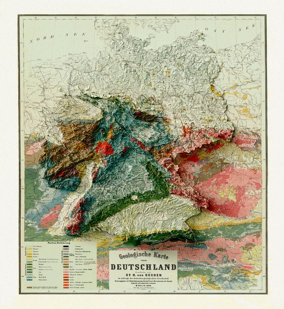 Germany, A map in High Relief , on durable cotton canvas, 50 x 70 cm or 20x25" approx.
