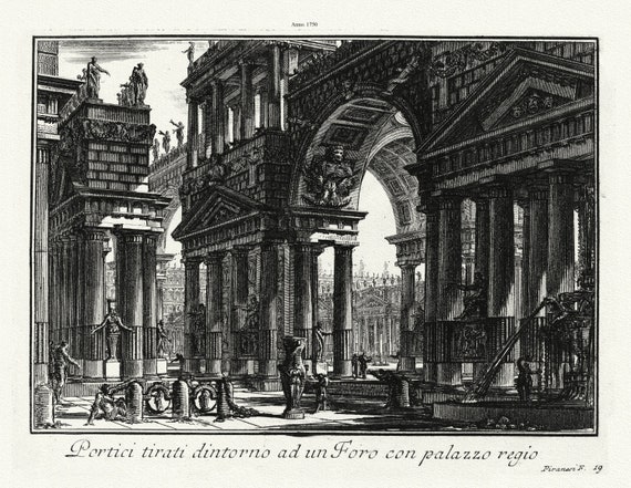 Giovanni Battista Piranesi, Portici tirati dintorno ad un Foro con palazzo regio, 1750, on heavy cotton canvas, 22x27" approx.