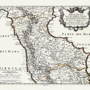 Italia: Provincia di Calabria Citra, Rossi et al. auth., 1714, mapa sobre lienzo pesado de algodón, 50 x 70cm, 20 x 25" aprox.