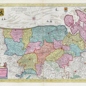 Países Bajos, Flandria et Zeelandia Comitatus, 1665, Blaeu auth., mapa sobre lienzo pesado de algodón, 50 x 70 cm