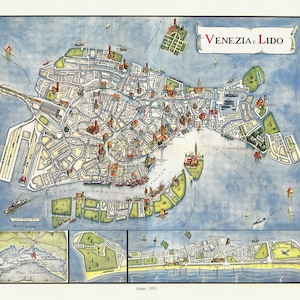 EItaly, Venice, Venezia e Lido, 1951 , map on heavy cotton canvas, 50 x 70cm, 20 x 25" approx.