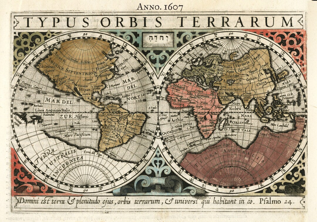 World, Mercator Auth., 1607, Map on Heavy Cotton Canvas, 50 X 70 Cm or ...