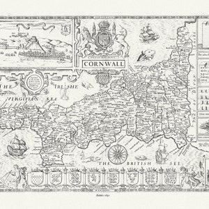 Inglaterra. Cornualles, 1630, Speed auth., mapa sobre lona de algodón duradero, 50 x 70 cm o 20x25" aprox.