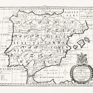 España: Wells, un nuevo mapa de Iberia Europaea alias Celtiberia, o antigua España, 1700, mapa sobre lienzo de algodón pesado, 22x27" aprox.