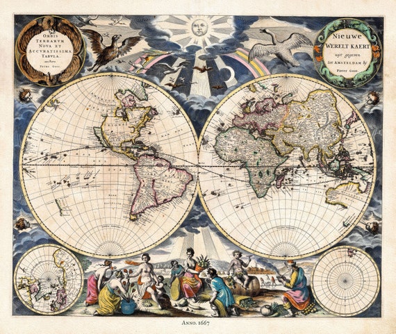 World, Goos auth., 1667, map on heavy cotton canvas, 50 x 70 cm or 20x25" approx.