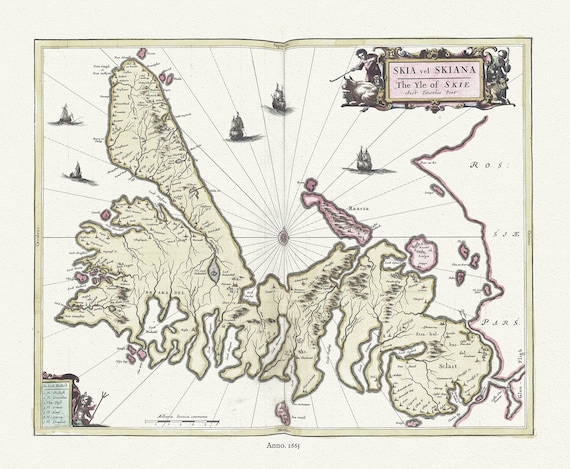 Scotland, Isle of Skye, Skia vel Skiana, 1665, Blaeu, auth., map on durable cotton canvas, 50 x 70 cm or 20x25" approx.