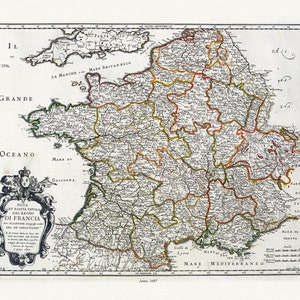 France: Rossi, Nova et esatta tavola del regno di Francia, 1697, carte sur toile de coton lourde, 50 x 70 cm ou 20x25 » env.