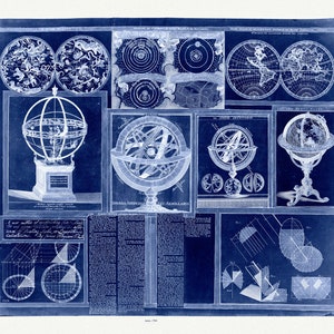 Ferguson, A Collection of nine images including astronomical instruments, celestial charts, and a world map, cyanotype, 1769, canvas 22x27"
