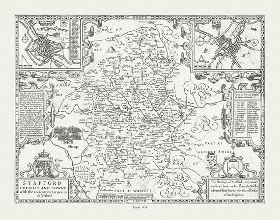 Stafford Shire, 1676, Speed auth., map on durable cotton canvas, 50 x 70 cm or 20x25" approx.