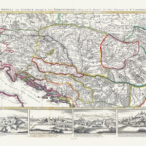 Danubio: Jaillot, Mortier et Sanson, Le Cours de Danube, 1708, mapa sobre lienzo de algodón pesado, 22x27" aprox.