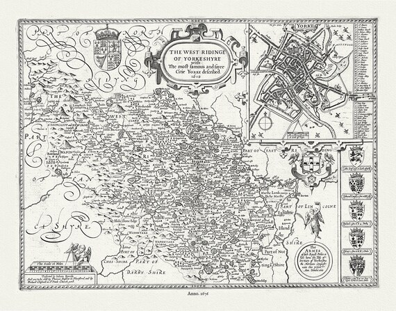 England. Yorkshire, West Riding, 1676, Speed authore, map on durable cotton canvas, 50 x 70 cm or 20x25" approx.