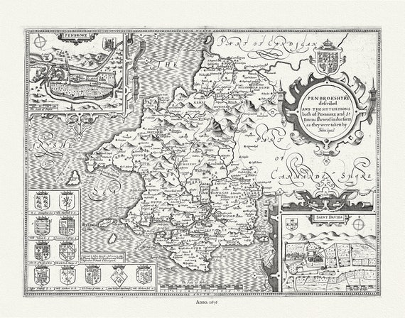 England. Pembrokeshire, 1676, Speed auth. , map on durable cotton canvas, 50 x 70 cm or 20x25" approx.
