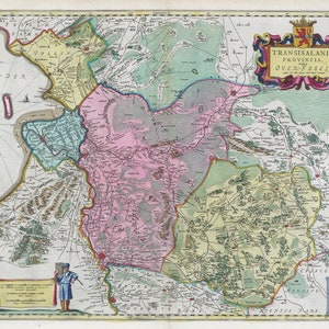 Pays-Bas, Transisalania Provincia,1665, Blaeu auth., carte sur toile de coton lourde, 50 x 70 cm