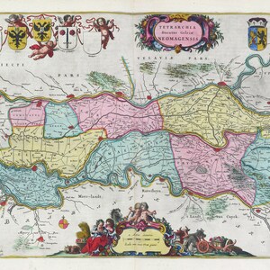 Países Bajos, Tetrarchia Ducatus Gelriae Neomagensis 1665, Blaeu auth., mapa sobre lienzo de algodón pesado, 50 x 70 cm