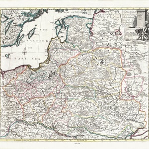 Senex, Pologne, avec Lettonie, Estonie, Kaliningrad & Lituanie ,1719, carte sur toile de coton lourd, 22x27 » environ.