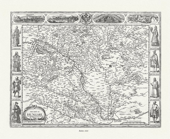 Hungary, 1626, Speed authore, map on durable cotton canvas, 50 x 70 cm or 20x25" approx.