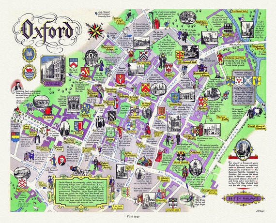 England. Oxford. British Railways, 1949, map on durable cotton canvas, 50 x 70 cm or 20x25" approx.