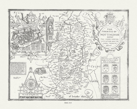 England. Nottingham,1676, Speed auth., map on durable cotton canvas, 50 x 70 cm or 20x25" approx.