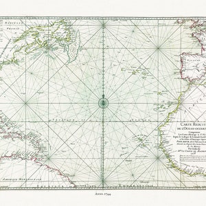 Atlantic Ocean: Bellin, Carte Reduite de l'Ocean Occidental, 1744, , map on heavy cotton canvas, 22x27" approx.