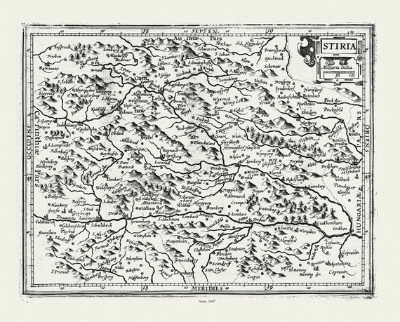 Austria: Mercator et Hondius, Stiria, 1607, map on heavy cotton canvas, 22x27" approx.