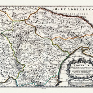 Italia, Calabria, Provincia de Basílicata y Tierra de Bari, Rossi et al. auth., 1714, mapa sobre lienzo de algodón grueso, 50 x 70 cm, 20 x 25" aprox.