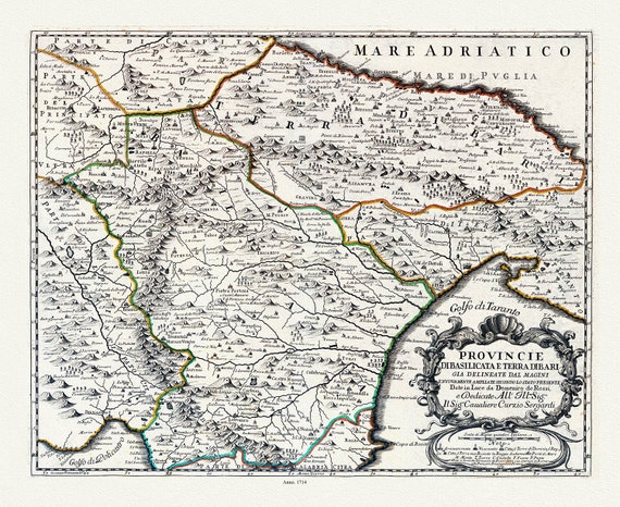 Italia, Calabria, Provincie di Basilicata e Terra di Bari, Rossi et al. auth., 1714, map on heavy cotton canvas, 50 x 70cm, 20 x 25" approx.