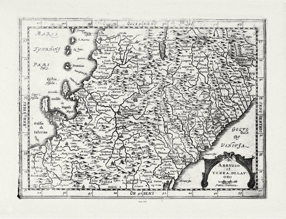Italia: Abruzzo et Terra di Lavoro, van Waesberge, Mercator et Cloppenburg auths., 1636 , map on heavy canvas, 50 x 70cm, 20 x 25" approx.