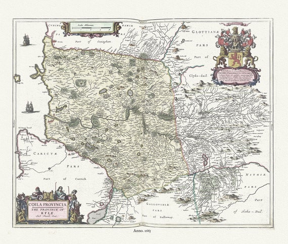 Scotland, Kyle, Coila Provincia, 1665, Blaeu, auth., map on durable cotton canvas, 50 x 70 cm or 20x25" approx.