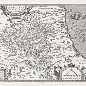 Italia: Abruzos, Aprutii. Ortelius et Vrients. auth., 1608, mapa sobre lienzo de algodón pesado, 50 x 70cm, 20 x 25" aprox.