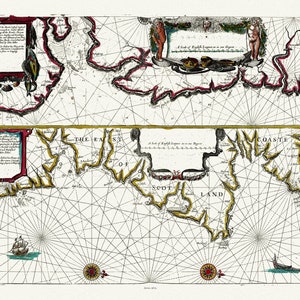 John Sellers, A Chart of Coastal Scotland, de Atlas Maritimus, 1672 , mapa sobre lienzo de algodón pesado, 22x27" aprox.