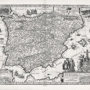 España: Blaeu, Nova Regnia Hispaniae Descriptio, 1630, mapa sobre lienzo de algodón pesado, 22x27" aprox.