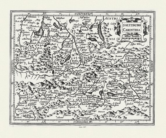 Austria: Mercator et Hondius, Salzburg, Carinthia, 1607, map on heavy cotton canvas, 22x27" approx.