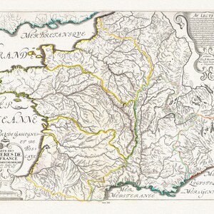 Francia: Sanson auth., Rivieres de la France, 1641, mapa sobre lienzo de algodón pesado, 50 x 70 cm o 20x25" aprox.