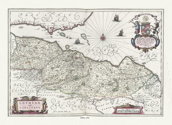 Scotland, Edinburg, Lothian and Linlitqvo, 1665, Blaeu, auth., map on durable cotton canvas, 50 x 70 cm or 20x25" approx.