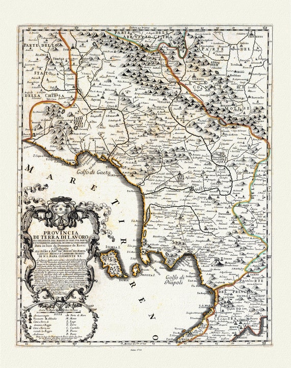Italia: Provincia di Terra di Lavoro, Rossi auth., 1714, map on heavy cotton canvas, 50 x 70cm, 20 x 25" approx.