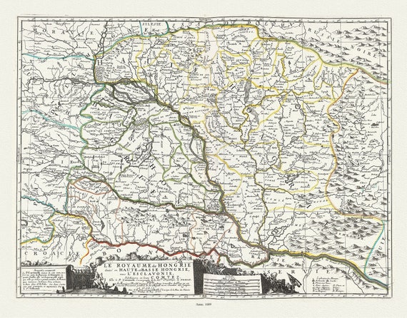 Hungary. Le Royaume de Hongrie divisé en Haute et Basse Hongrie, avec l'Esclavonie, et subdivisees  ,1689, Nolin auth., map , 50 x 70 cm