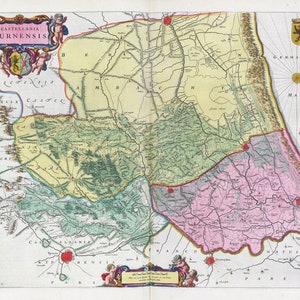 Países Bajos, Castellania Furnensis, 1665, Blaeu auth., mapa sobre lienzo pesado de algodón, 50 x 70 cm