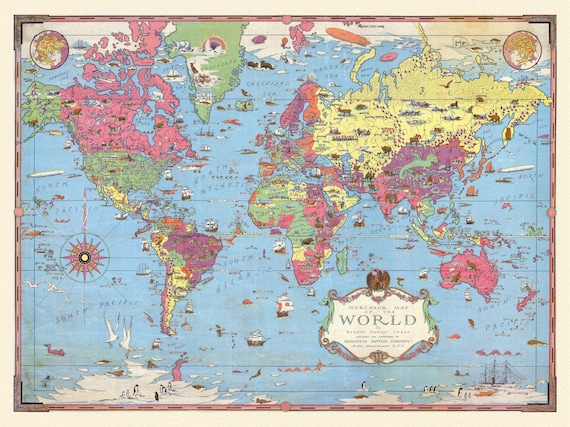 Mercator Map of the World, Chase auth., 1931, map on heavy cotton canvas, 50 x 70 cm or 20x25" approx.