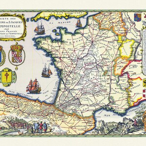 Itinéraires du Chemin de Saint-Jacques, carte sur toile épaisse, 50x70cm environ.