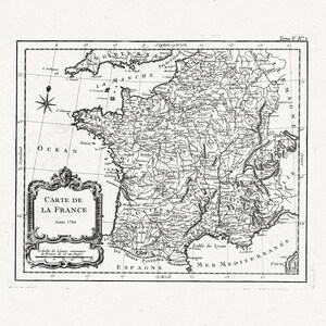 Frankreich: Bellin, Carte de la France, 1764, Karte auf schwerer Baumwollleinwand, ca.