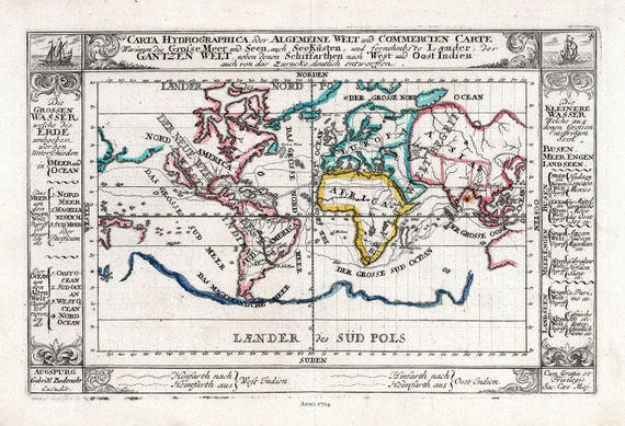 Bodenehr-Carta Hydrographica oder Algemeine Welt- und Commercien-Carte, 1704