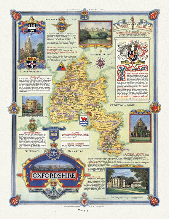 England. Oxfordshire, 1947, Clegg auth., map on durable cotton canvas, 50 x 70 cm or 20x25" approx.