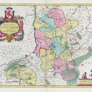 Países bajos, Dvcatvs Limbvrgvm, 1665, Blaeu auth., mapa sobre lienzo de algodón pesado, 50 x 70 cm