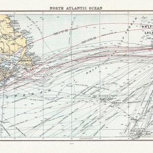 A Chart of the North Atlantic, 1907, carte sur toile de coton lourde, 50 x 70cm, 20 x 25 » env.