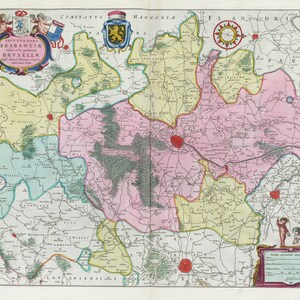 Países bajos, Secvnda Pars Brabantiae, 1665, Blaeu auth., mapa sobre lienzo de algodón pesado, 50 x 70 cm