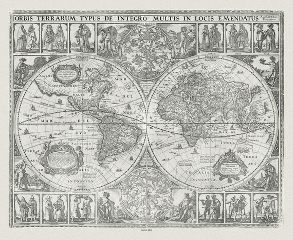 World, Goos-Visscher auth. ,1652, map on heavy cotton canvas, 50 x 70 cm or 20x25" approx.