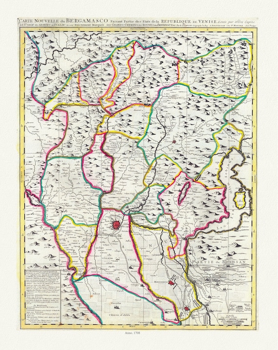 Italia: Bergamo,  Particuliere du Bergamasco, Jaillot, Mortier et Sanson auths., 1708, map on cotton canvas, 50 x 70cm, 20 x 25" approx.